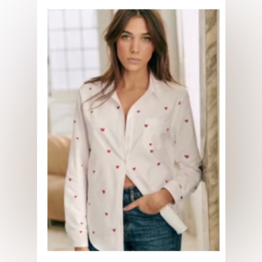 Sezane Tomboy Shirt Embroidered Red Hearts - Size 36